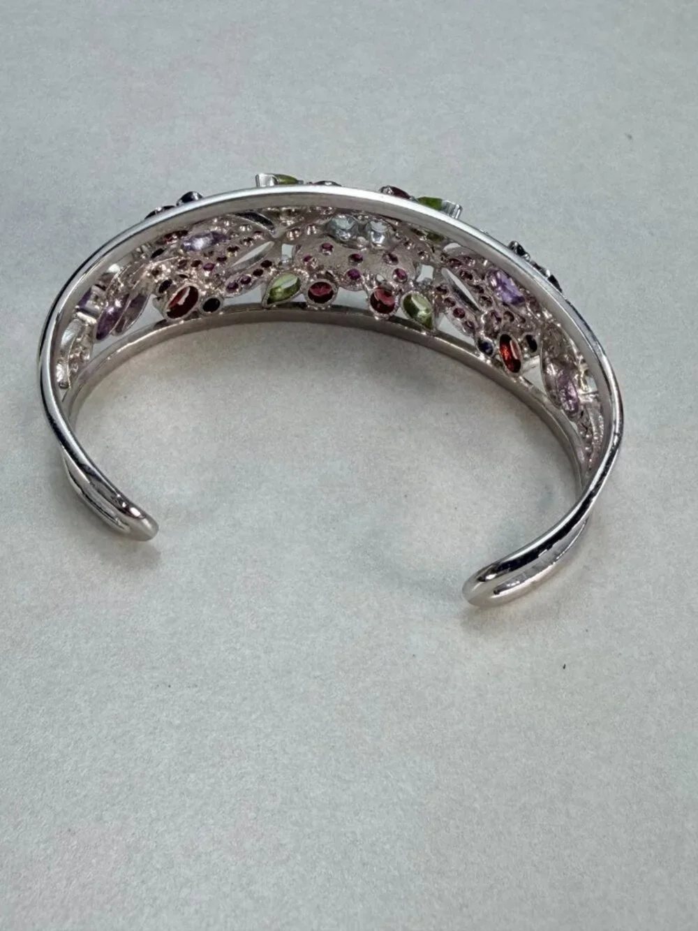 Vintage Rhodium Plated Multi Gemstone Floral Cuff Bracelet Open Bangle Statement